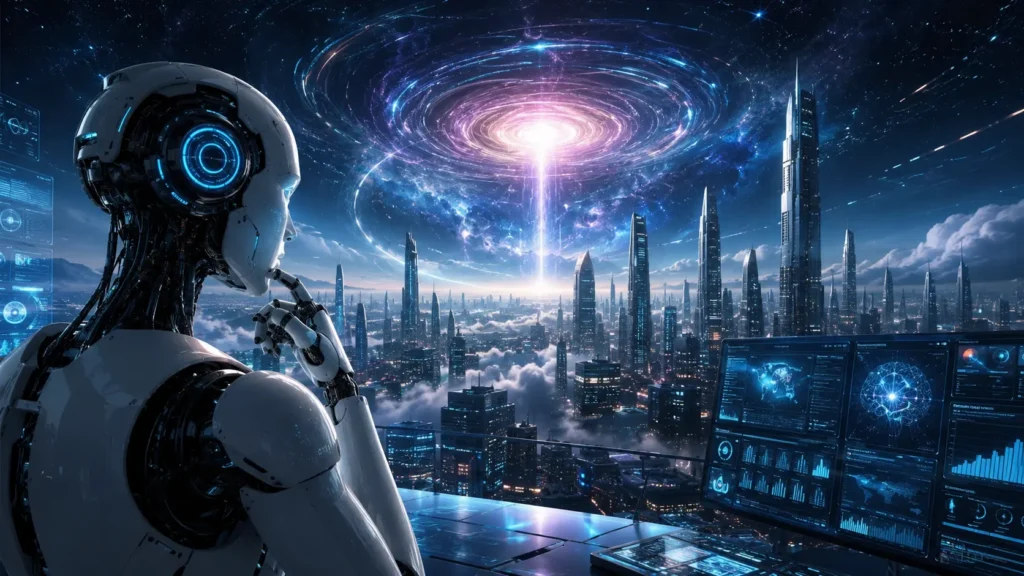 Concept art of AI Singularity 2026 showing artificial general intelligence network