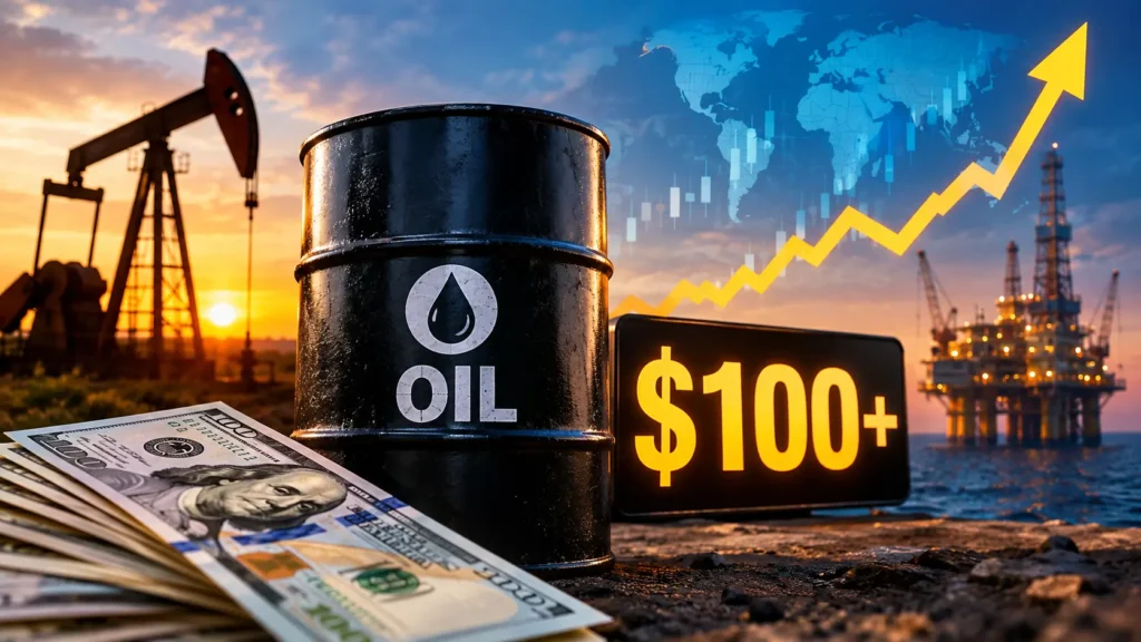 Crude oil drum and financial chart showing oil above $100 a barrel