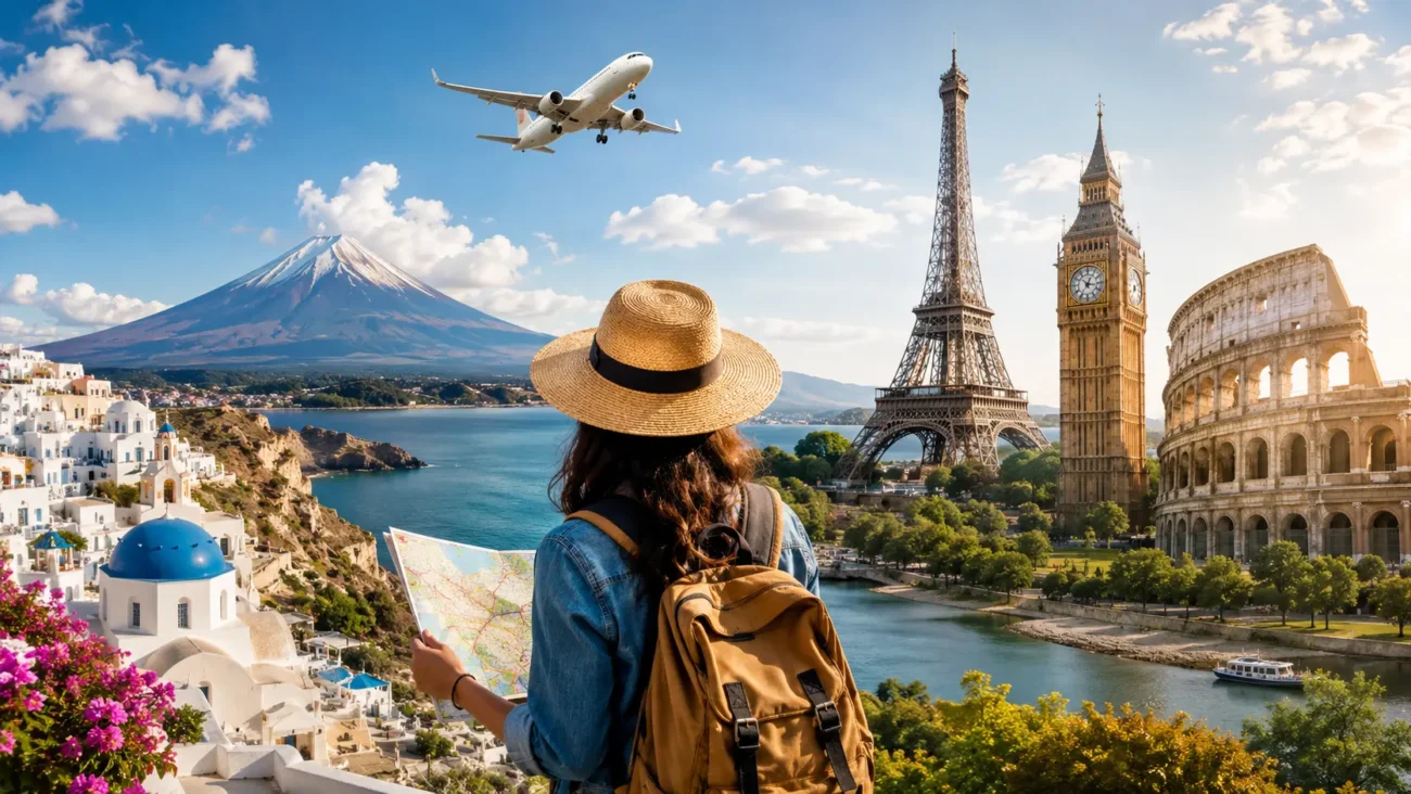 Woman wearing hat and backpack looking at iconic monuments representing the best places to travel for first-time travelers