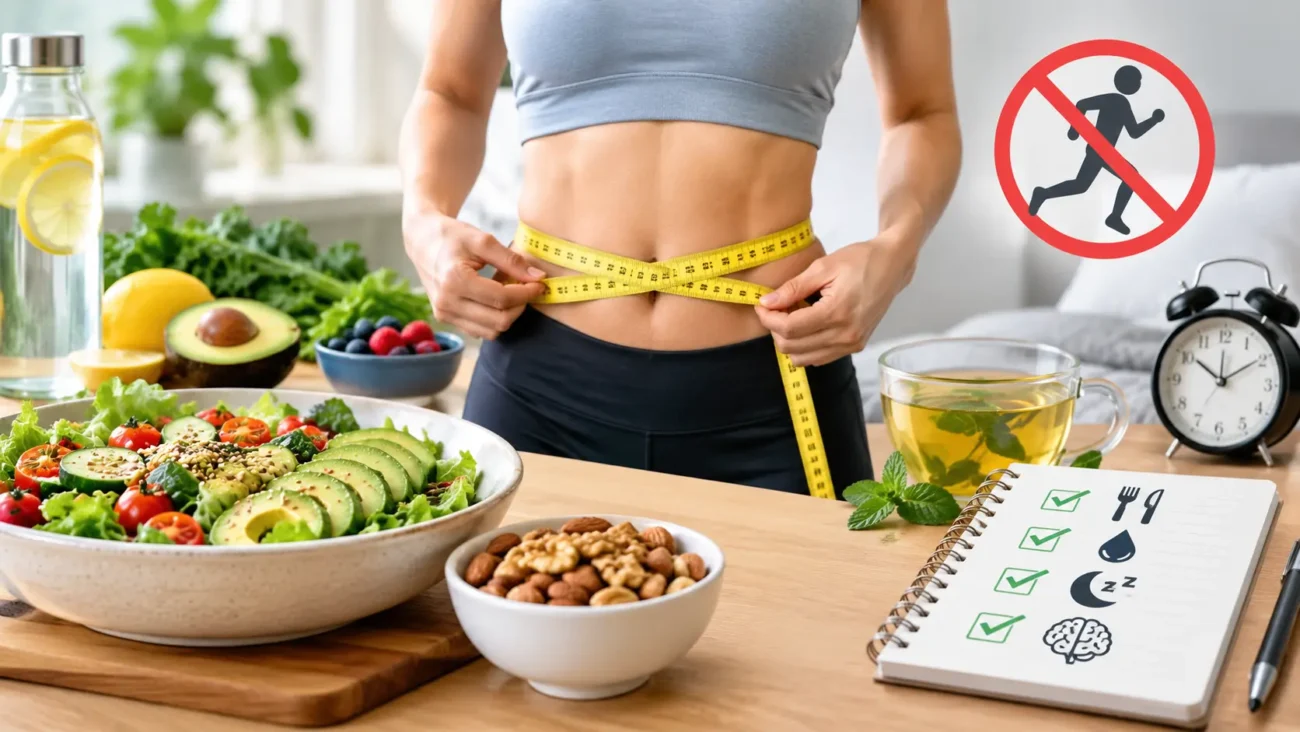 Woman measuring her waistline representing how to lose weight without exercise