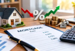Mortgage rates today chart with house model and interest rate percentage sign