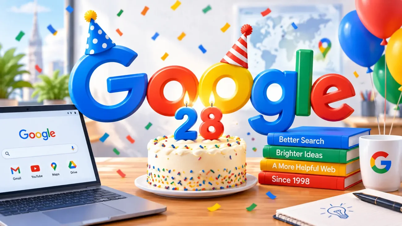 Google's birthday trending image showing vintage Google 28th anniversary doodle