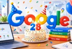 Google's birthday trending image showing vintage Google 28th anniversary doodle
